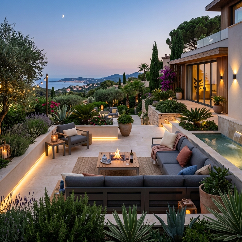 Terrasse moderne avec plantes luxuriantes
